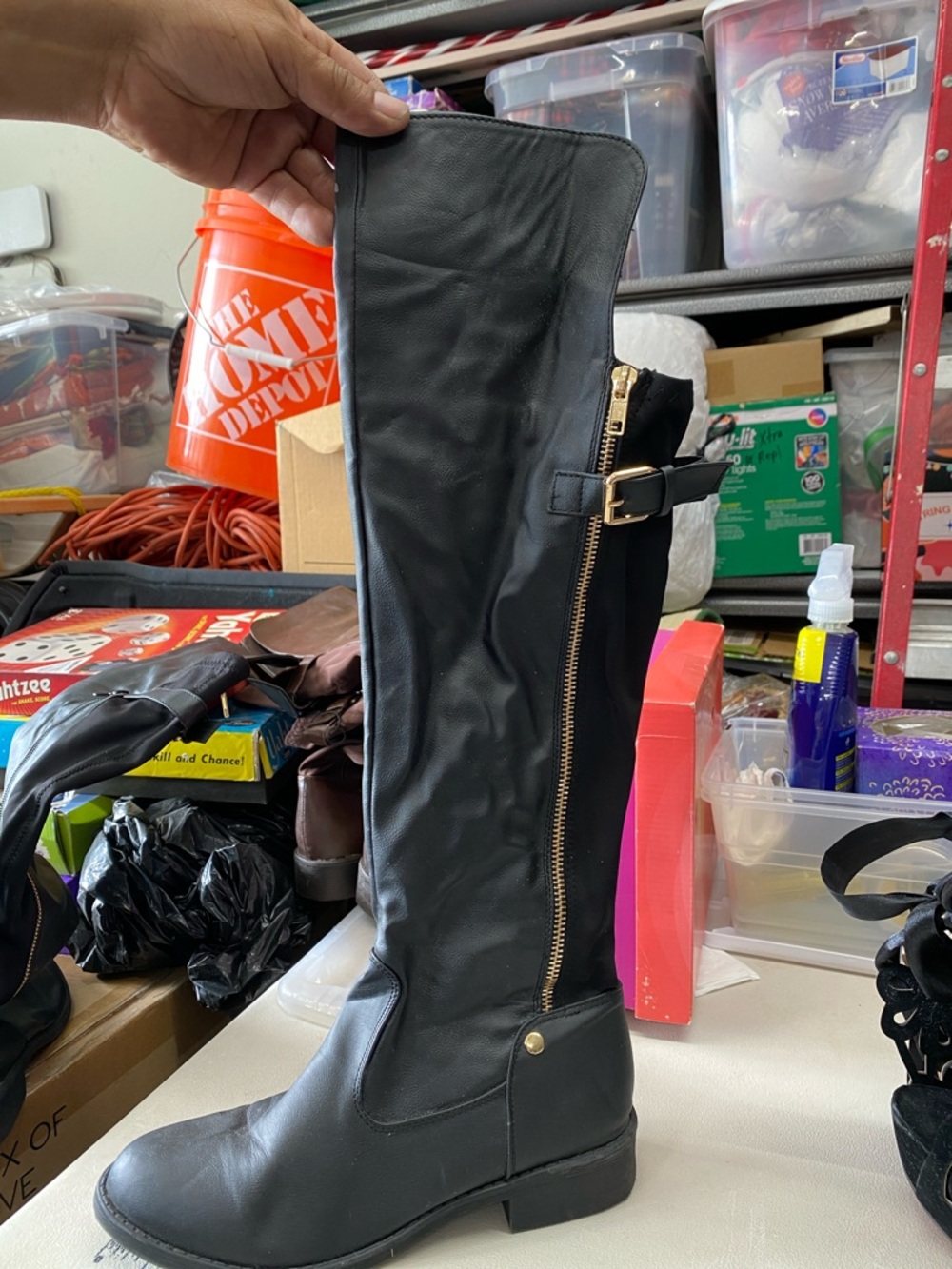 Tall Black Faux Leather Riding Boots with Gold Zip Detail